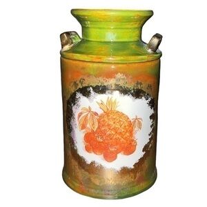 Vintage Milk Can Artisan Signed
Hand Painted Pineapple Orange Green Gold